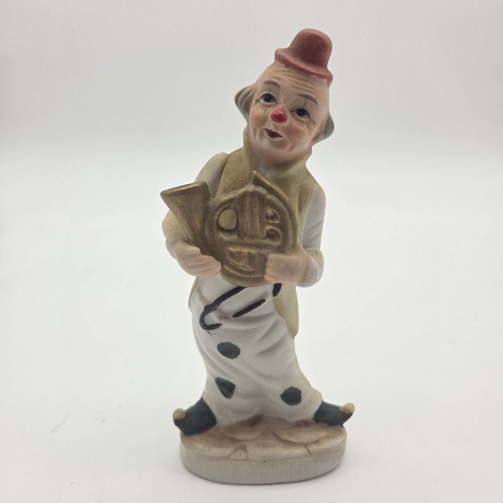 Vintage Hand Painted Bisque Porcelain French Horn Musician Clown Figurine 6"